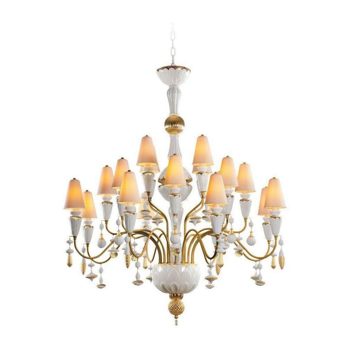 20-Light Porcelain Botanical Chandelier / Golden Luster