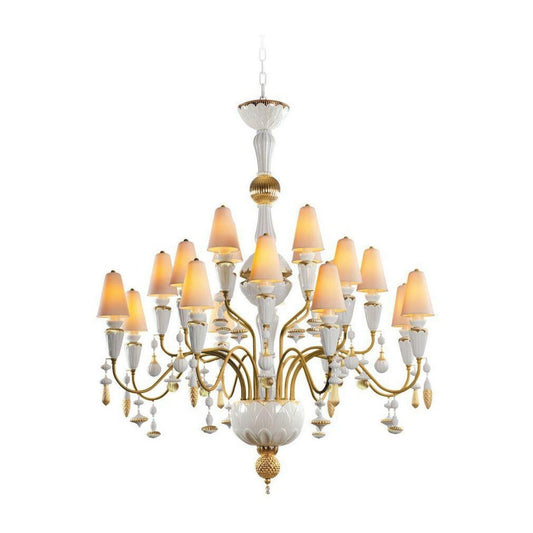 20-Light Porcelain Botanical Chandelier / Golden Luster