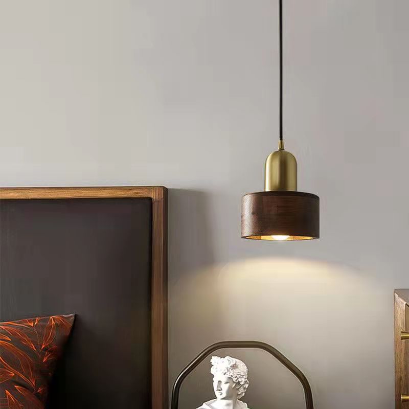Vintage Brass and Walnut Wood Pendant Light / Copper Walnut Color / White light
