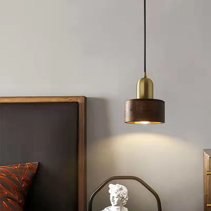 Vintage Brass and Walnut Wood Pendant Light / Copper Walnut Color / White light