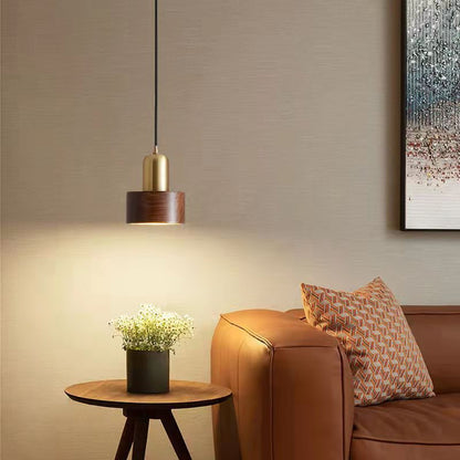 Vintage Brass and Walnut Wood Pendant Light / Copper Walnut Color / Warm Light