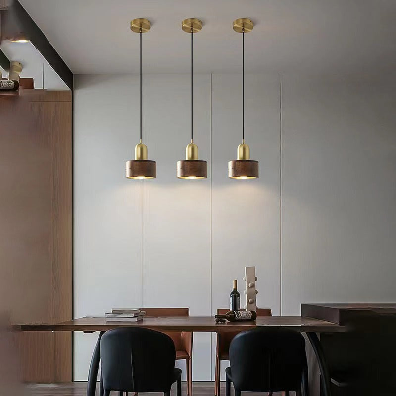 Vintage Brass and Walnut Wood Pendant Light